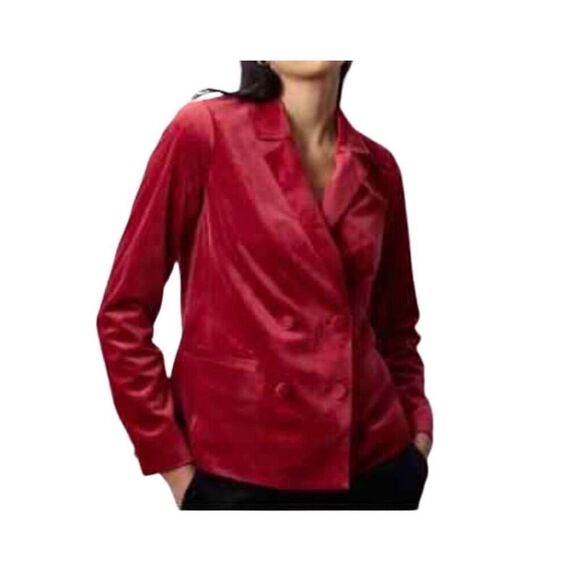 Christmas LC Lauren Conrad Double Breasted Notch Collar Red Velvet Holiday Blaze - Picture 1 of 16